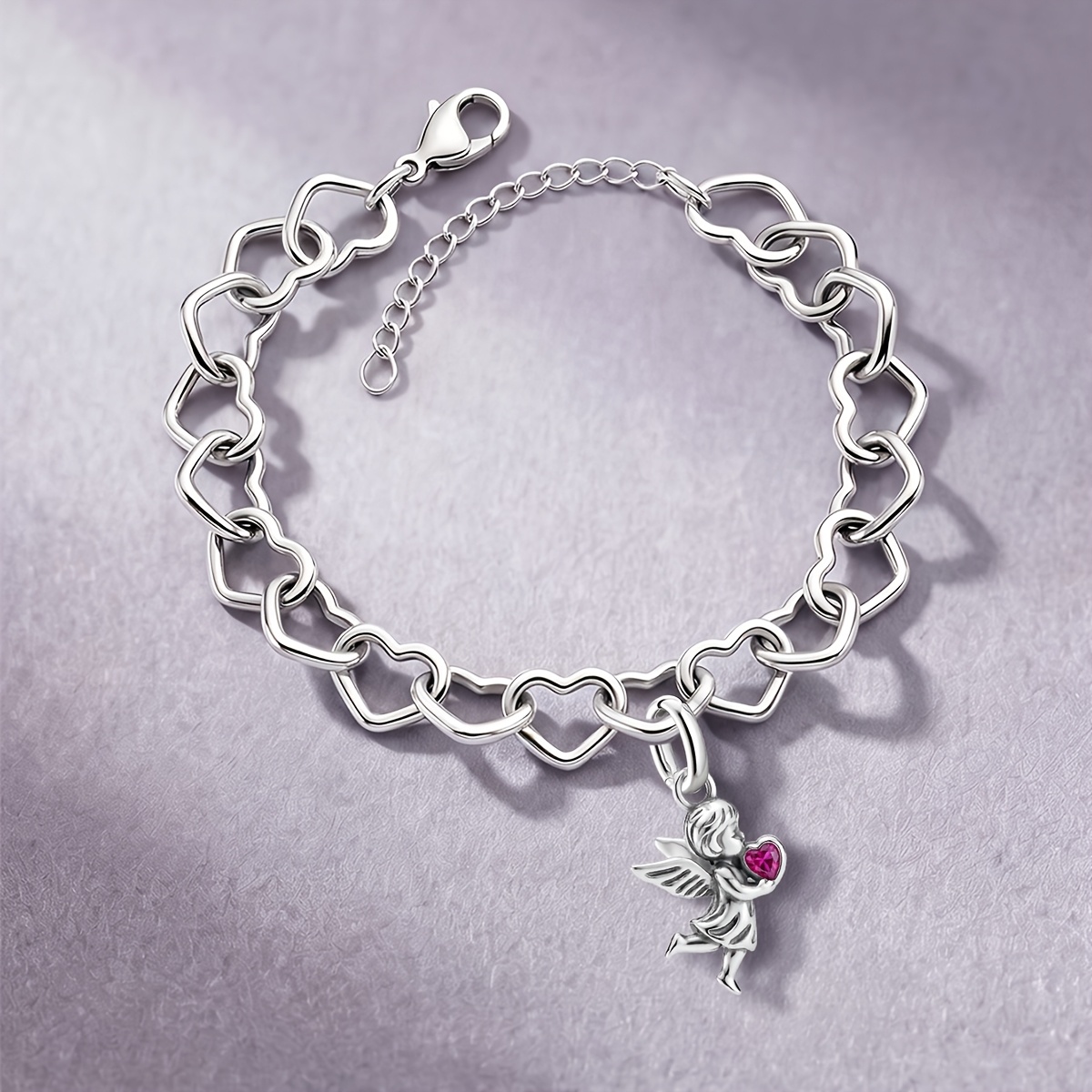 Heart-Holding Angel Vintage Pendant Bracelet, 925 Silver Plated